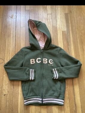 BCBG Girls Size 6 Green / Pink Logo Print Zip-Up Hoodie,Cotton Blend,MINT